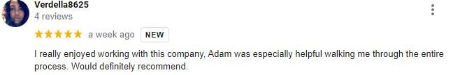 Google review praising Adam and a quick, fair cash closing