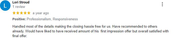 Five-star review praising a fast, no-hassle cash home sale in Eastern NC